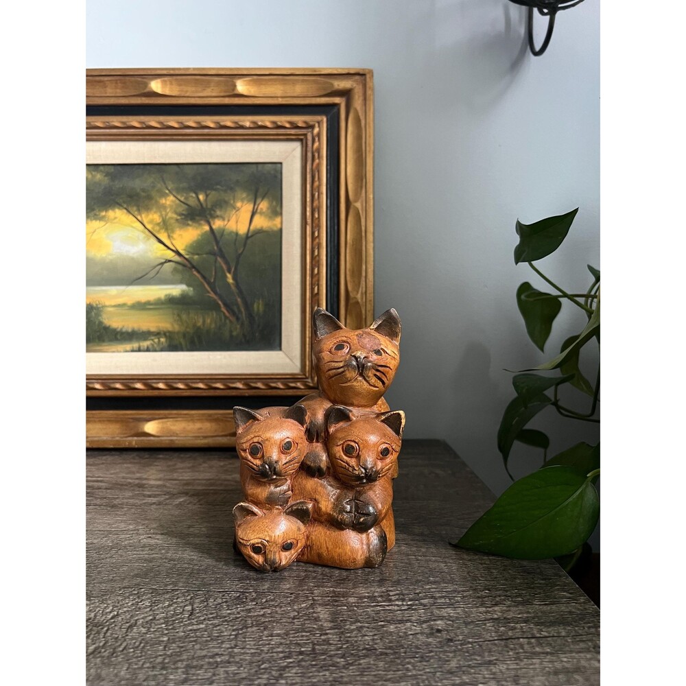 Vintage Folk Art: Carved Wood Pile of Cats